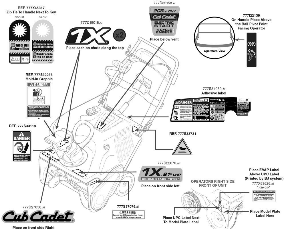 Label Map Diagram and Parts List for 1X21-INCHLHP (31PM2T6C710)(2019) Cub Cadet Snow Blower